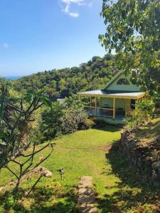 Great MountainTraditional West Indian cottage on Good Moon Farm的山边的房屋,有院子