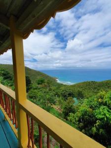 Great MountainTraditional West Indian cottage on Good Moon Farm的阳台享有海景。