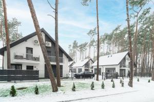济夫努夫Dziwnówek Apartament Horizon Park 4A的雪中一排树木的房屋