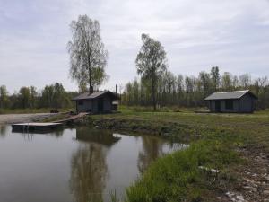 哈普萨卢Mõiskla saun ja puhkemaja的两座靠近水体的小建筑