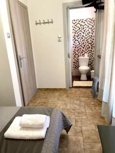 奥林匹亚安尼斯出租客房酒店的一间卧室配有一张床,浴室设有卫生间