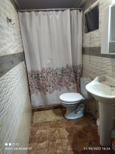 梅塞德斯La Baquiana的一间带卫生间和淋浴帘的浴室