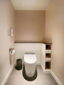 呼和浩特呼和浩特东站智选假日酒店的一间位于客房内的白色卫生间的浴室