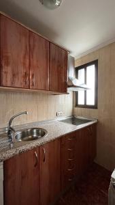 拉阿贝尔卡El Palaero的厨房配有木制橱柜、水槽和窗户。