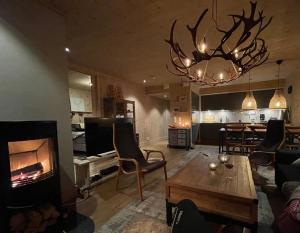 尤坎Gaustatoppen Lodge - Mountain View - Gaustablikk的带壁炉的客厅和带桌子的客厅。