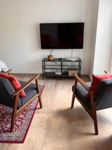Oerlinghausenb im Welschen的客厅配有2把椅子和平面电视