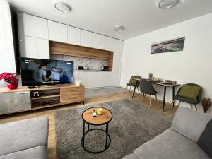 索非亚CityApartment的带沙发、电视和桌子的客厅