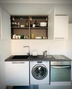 芒通Dependence “Le Soleil” - Cap Riviera的厨房配有洗衣机和水槽