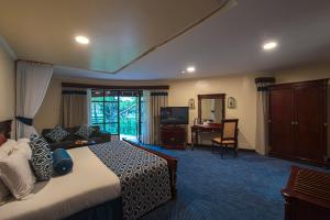 奈瓦沙奈瓦沙索帕湖山林小屋的酒店客房配有一张床、一张书桌和一台电视。