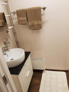 诺拉Det lilla huset的白色的浴室设有水槽和毛巾。