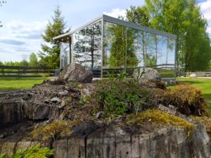 TīnūžiMirror house的花园岩石上的玻璃房子
