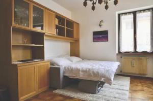 莱维科特尔梅Baita del me Remo, in the heart of Levico Terme的一间卧室配有一张床、一张书桌和一个窗户。