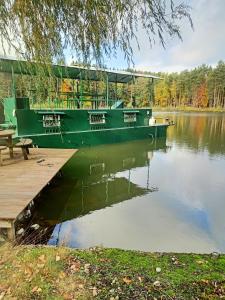 夫洛雷恩le bateau sur lac privé de 2 hectares poissonneux au milieu des bois的一艘绿色的船坐在码头旁边的水面上