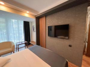 萨潘贾Cabir Deluxe Hotel Sapanca的配有一张床和一台平面电视的酒店客房