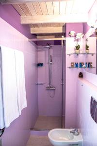 Áno KorakiánaThe Little House Corfu的带淋浴和盥洗盆的紫色浴室