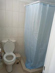 阿吉亚帕拉斯夫VILLA SISSY的浴室设有卫生间和蓝色的浴帘。