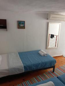阿吉亚帕拉斯夫VILLA SISSY的一间卧室配有一张带蓝色毯子的床和窗户。