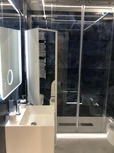 莫拉-迪巴里Palazzina Margò的一间带玻璃淋浴和水槽的浴室