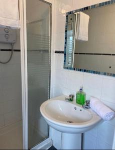戈尔韦Cheap Budget Accommodation的白色的浴室设有水槽和淋浴。