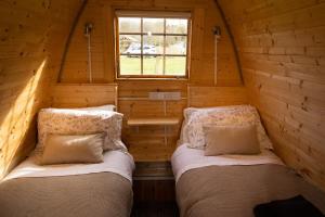 奥马Cosy Pod-Cabin near beautiful landscape in Omagh的小木屋内带两张床的房间