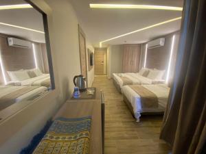 亚喀巴ALENA HOTEL的酒店客房,设有两张床和镜子
