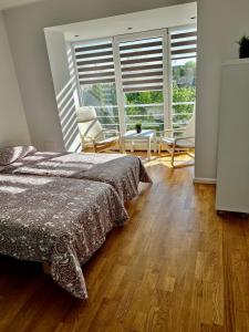 乌克梅尔盖Vilniaus 96 apartments的一间卧室配有床和椅子以及大窗户