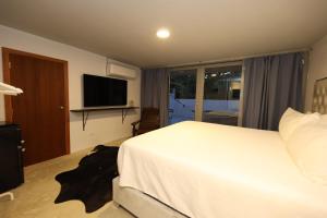 多拉多Viento Beach Lodge的卧室配有白色的床和电视。