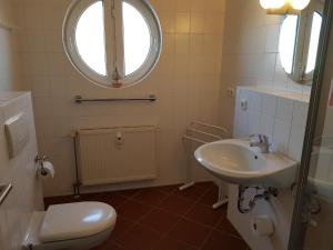 巴贝Störti's Nr 9的一间带水槽、卫生间和镜子的浴室