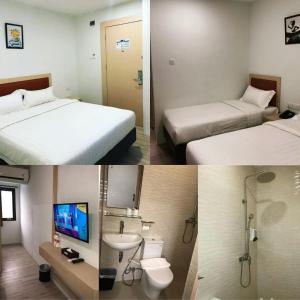 名古屋SOVRANO HOTEL BATAM fka PARKSIDE SOVRANO HOTEL的两张图片的酒店客房 - 带两张床和一间浴室