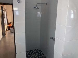 Uis3 ALOES GUESTHOUSE的带淋浴的浴室(带白色墙壁)