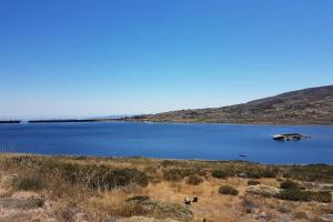 科维良Refúgio Serrano Covilhã Serra da Estrela的田间中带房子的大湖