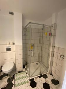 布加勒斯特胜利广场阿维酒店的带淋浴和卫生间的浴室