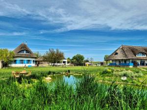 穆里吉奥尔5 Chirpici - Small Traditional Resort的池塘边田地的一群房子