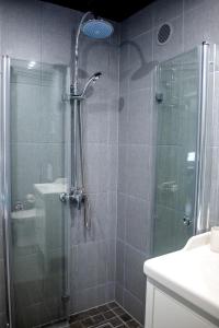 哈普萨卢Roosi apartment Haapsalu的带淋浴的浴室和玻璃门