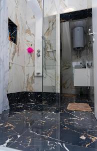 比哈奇Guest House Eden的一间带玻璃淋浴和水槽的浴室