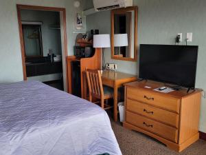 阿什维尔Downtown Inn的一间卧室配有一张床和一张书桌及电视