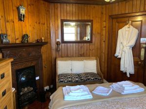 塔伯特Dunivaig B&B的一间卧室配有一张带壁炉和浴袍的床。