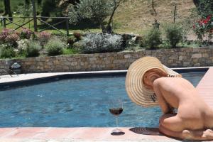 拉达-因基安蒂Agriturismo Borgo Il Bonagino的坐在游泳池旁的人,喝一杯葡萄酒