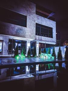 敖德萨Levanevsky Hotel的一座有圣诞树和灯光的游泳池建筑