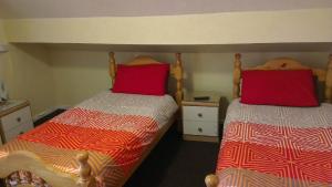 利兹公园住宿加早餐旅馆的卧室内的两张床和红色枕头