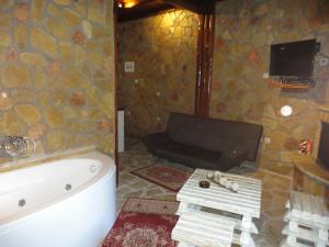 卡拉维塔eco oneiro resort的带浴缸、电视和浴缸的浴室。