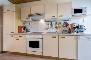 里约·迪·普斯特里亚Apartment Himmelreich的厨房配有白色橱柜和炉灶烤箱。