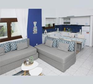 帕奇斯Olia Garden的一间带两张沙发的客厅和一间厨房