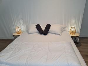 基伯龙Ker Kiberen的一张白色的床,上面有两个枕头