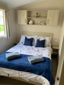 纽基Newquay Bay Resort - Sea Breeze 61的一间卧室配有一张带蓝色枕头的床。