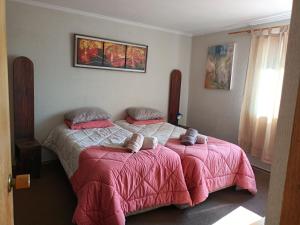 圣地亚哥Habitaciones en Departamento的一间卧室配有两张带粉红色毯子和枕头的床