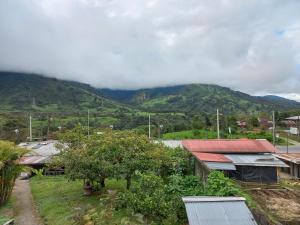 BaezaHostal La Casa De Rodrigo的享有以山为背景的村庄美景