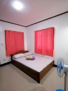 ItaytayBundal Riverside Room#1的一间卧室配有红色窗帘的床