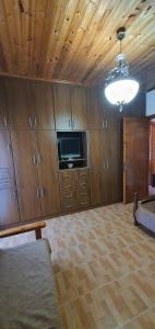 KalliópiTonia’s & Chris House的客厅配有木制橱柜和电视。
