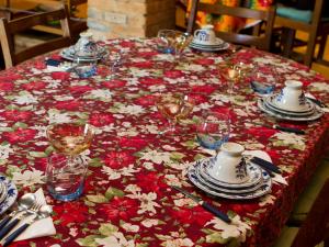 巴拉那皮亚卡巴Hospedaria Os Memorialistas - Paranapiacaba的一张桌子,上面有红白桌布,上面有盘子和眼镜